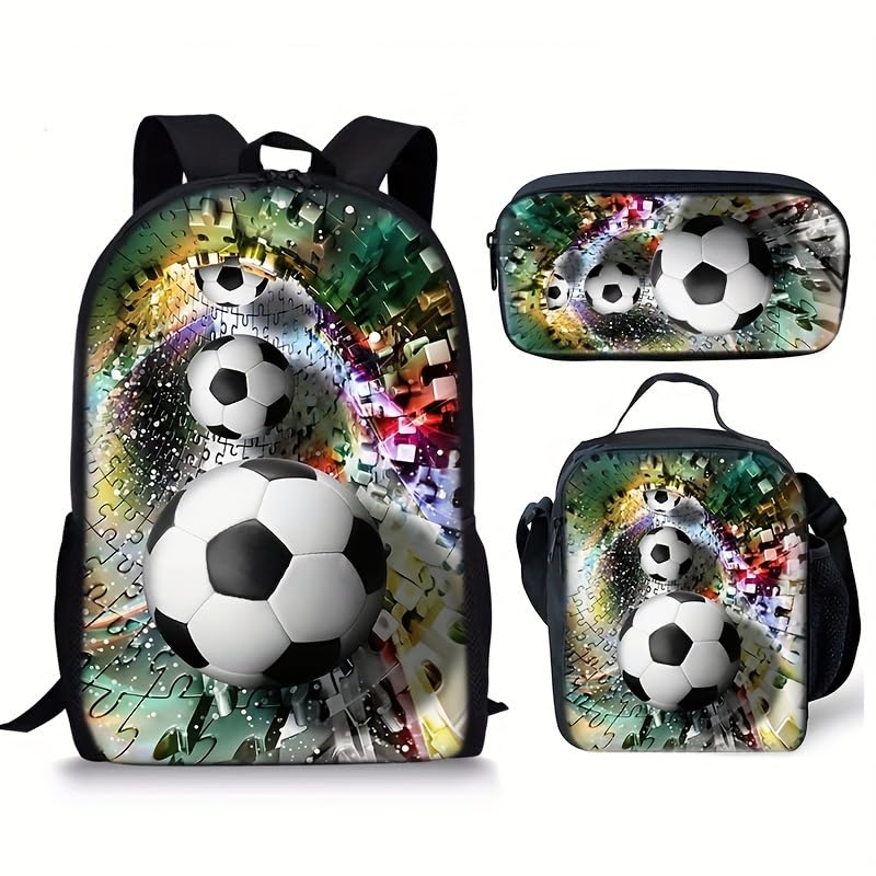 3PCS Soccer Backpack Set, 16" Lightweight Football Daypack, Soccer Ball Print Casual Laptop Backpack for Travel Camping Work (style-5) - color: Style-5