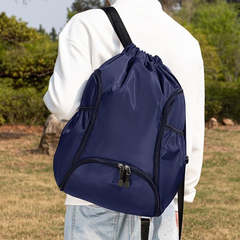 Drawstring Backpack Gym Bag with Dual Front Zipper Pockets & Expandable Side Pockets, Adjustable Shoulder Straps for Soccer, Basketball, Swim, Gym Commute Travel, Blue