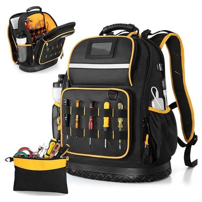 Rugged yet Comfortable Tool Backpack with Hard Molded Bottom and Tool Pouch, Heavy Duty 1680D Tool Bag with Laptop Sleeve, Multiple Pockets for Power Tools and Hand Tools, USB Port, Padded Straps
