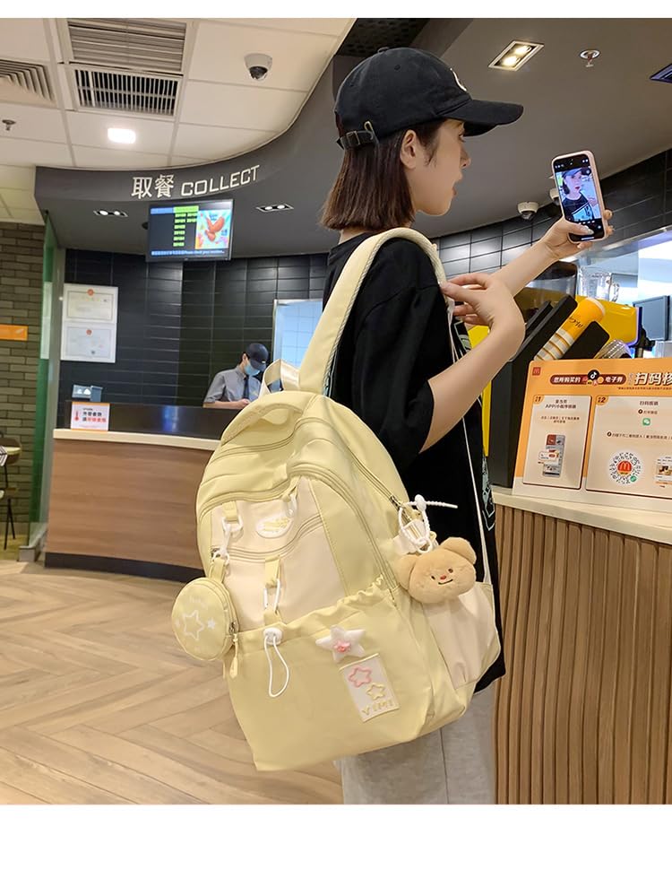 Coquette College Backpack Y2K Kawaii Preppy Large Laptop Bookbag Casual Aesthetic Fashion Travel Daypack for Women (Yellow) - color: Yellow