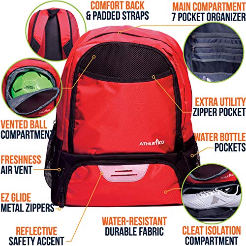 Athletico Youth Soccer Bag - Soccer Backpack & Bags for Basketball, Volleyball & Football | Includes Separate Cleat and Ball Compartment - color: Red