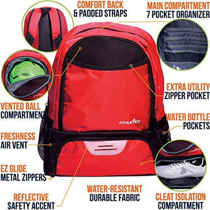 Athletico Youth Soccer Bag - Soccer Backpack & Bags for Basketball, Volleyball & Football | Includes Separate Cleat and Ball Compartment - color: Red