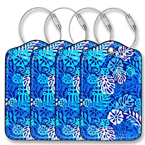 Luggage Tags for Suitcases-Leather Luggage Tag 4 Pack with Loops Hawaii Cute Bag/Backpack/Suitcase Tags Carnival Cruise Accessories - color: Hawaii Blue Leaf