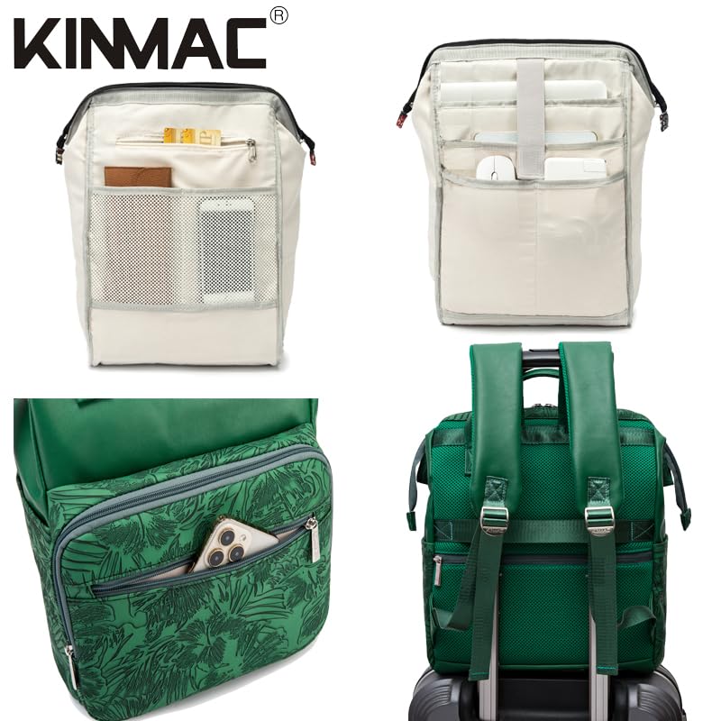 Kinmac Wide Open Style Laptop Backpack for Laptop Up to 15.6 Inch Men Women Travel Outdoor Backpack (Green Leaves PU) - color: Green Leaves Pu