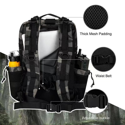 Hannibal Tactical 45L MOLLE Assault Pack, Tactical Backpack Military Army Camping Rucksack with Bottle Holder, 3-Day Pack Trip w/USA Flag Patch, D-Rings, Black Camo - color: Black Camo, size: 45L