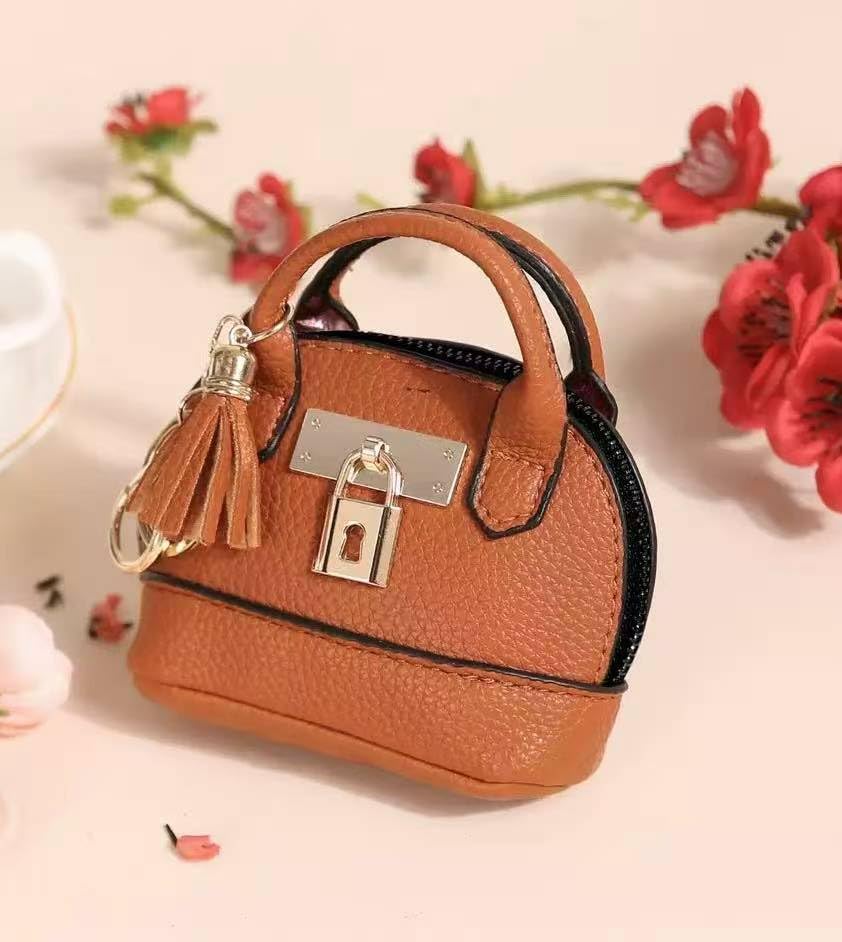 2 pcs Cute Mini Cosmetic Bag for Women PU Leather Backpack Keychain Makeup Bag Key Pocket Lipstick Bag Card Holder Data Cable Organizer Zipper Pouch (Handbag, White + Brown) - color: White + Brown