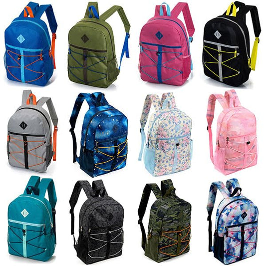 Moda West 24-Pack 17" Bungee Cord Backpacks for Kids - Bookbags in Bulk for Elementary, Middle, and High School Students, 12 Assorted Colors & Prints - size: 17", style: Solid Print 12