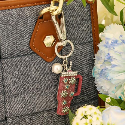 Madison Tyler Western Cowboy Boots Cherry Bow Bubble Tea Strawberry Cute Keychain | Bag Charms for Handbags Purse Charms - color: Mug