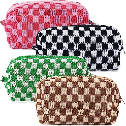 ZLFSRQ 4Pcs Checkered Pencil Case Cute Pencil Pouch for Teens Checkered Makeup Bag Medium Travel Cosmetic Bag Makeup Pouch for Purse Aesthetic Trendy Zipper Toiletry Bags(Green/Black/Pink/Brown) - color: Checkered 4Pcs M Pink/Black/Green/Brown