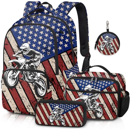 Motorcycle Backpack Set for Boys, Kids American Flag Backpack for School with Lunch Box and Pencil Case Coin Purse, School Bookbag for Boys - color: Motorcycle
