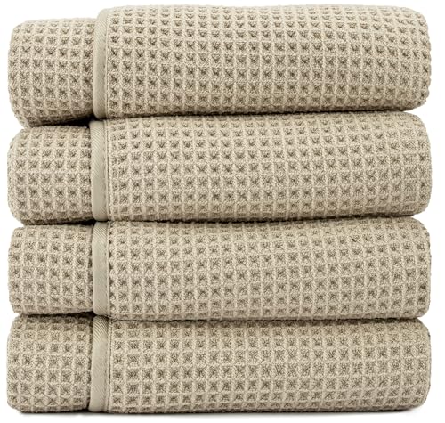 S&T INC. Aura Microfiber Waffle Bath Towels, 4 Pack, Quick-Dry, Ultra Absorbent, Lightweight Towels for Bathroom, 30 inches x 60 inches, 420GSM, Beige - color: Beige