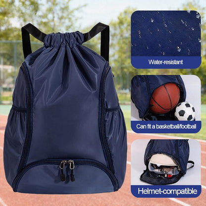 Drawstring Backpack Gym Bag with Dual Front Zipper Pockets & Expandable Side Pockets, Adjustable Shoulder Straps for Soccer, Basketball, Swim, Gym Commute Travel, Blue