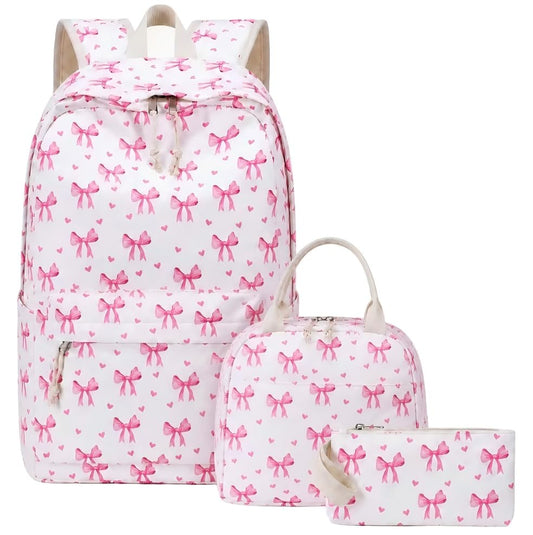 LOIDOU Backpack for Teen Girls Bookbags School Backpack with Lunch Box and Pencil Case 3 in 1 School Bags Set - color: Bow Tie Pink Beige
