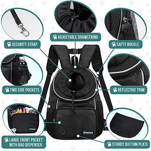PetAmi Adjustable Dog & Cat Chest Carrier Backpack, Ventilated for Hiking, Camping & Travel, Max 10 lbs, Black - color: Black, size: 15.5"L x 8.0"W x 15.0"H