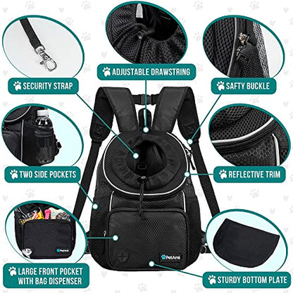 PetAmi Adjustable Dog & Cat Chest Carrier Backpack, Ventilated for Hiking, Camping & Travel, Max 10 lbs, Black - color: Black, size: 15.5"L x 8.0"W x 15.0"H