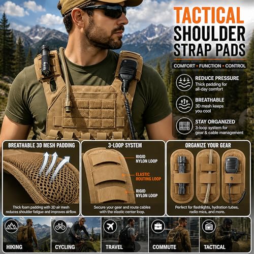 1 Pair Tactical Backpack Shoulder Pads, Thick Shoulder Cushion for Heavy Backpacks Plate Carrier & Rucksack, Fits Straps Up to 2.5", Breathable 3D Mesh, Hook & Loop Fastener, Rucking Hiking & Military - color: Brown