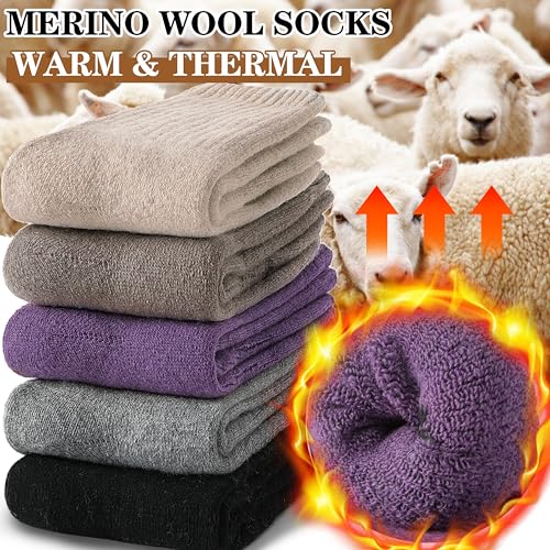 MOGGEI 5 Pairs Womens Merino Wool Socks Hiking Warm Winter Thick Thermal Crew Cozy Cabin Ladies Gift Comfy Boot Work Socks - color: Black/Grey/Light Violet/Light Coffee/White