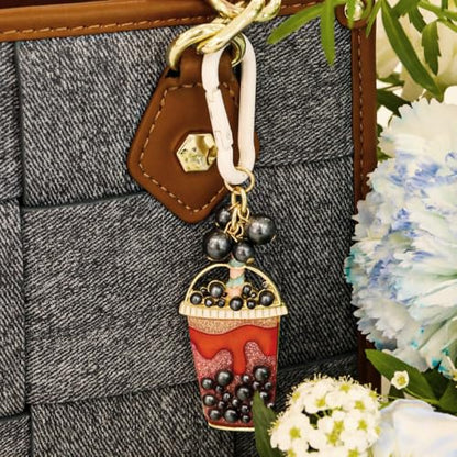 Madison Tyler Western Cowboy Boots Cherry Bow Bubble Tea Strawberry Cute Keychain | Bag Charms for Handbags Purse Charms - color: Bubble Tea