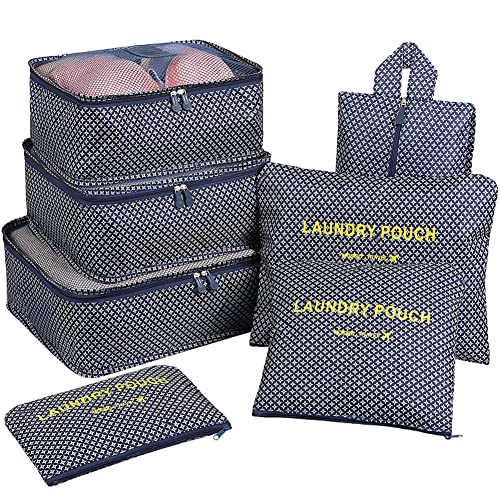 Mossio 7 Set Packing Cubes with Shoe Bag - Travel Carry On Luggage Organizer - color: Navy Star
