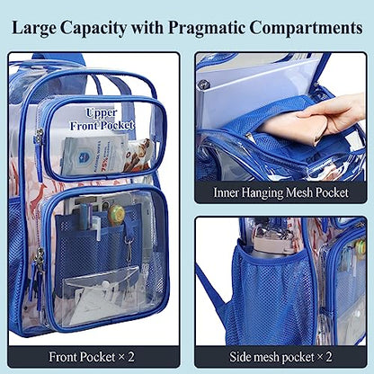 PACKISM Clear Backpack for School - 17 inch Large Heavy Duty Bookbag, Reinforced See Through PVC Transparent Backpack - color: Electric Blue, style: Daypack Backpacks