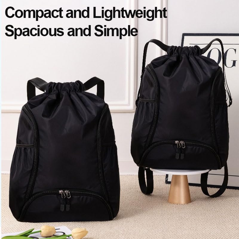 Drawstring Backpack Gym Bag with Front Zipper Pocket & Side Compartments, Adjustable Shoulder Straps for Commute Gym Travel, Daily Essentials Fitness Gear Organizer, Black
