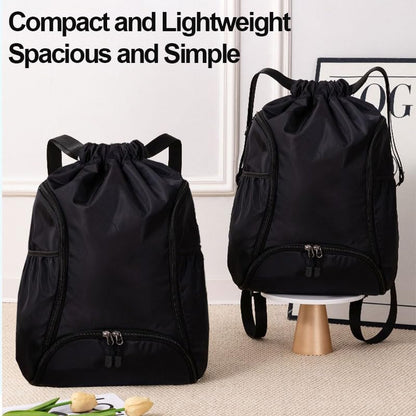 Drawstring Backpack Gym Bag with Front Zipper Pocket & Side Compartments, Adjustable Shoulder Straps for Commute Gym Travel, Daily Essentials Fitness Gear Organizer, Black