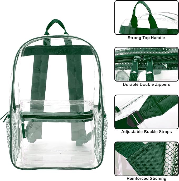 Trail maker Bulk Clear Backpacks Wholesale for School 24 Pack Clear Backpacks for Boys, Girls, School, Stadium, Travel - color: Green Pack