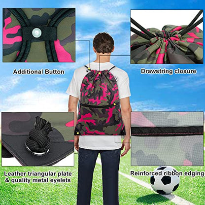 draw string back bag, Large Gym Sports string backpack for men and women with front zipper pocket and inside zipper pocket to keep key or phone(Pinkgreen camo) - color: Pink Green Camo, style: Drawstring With Front Pocket