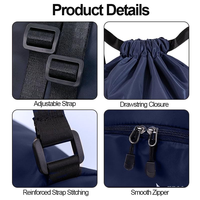 Drawstring Backpack Gym Bag with Dual Front Zipper Pockets & Expandable Side Pockets, Adjustable Shoulder Straps for Soccer, Basketball, Swim, Gym Commute Travel, Blue