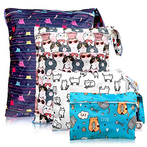 4pcs Waterproof and Reusable Wet Bag Diaper Stroller Water Resistant Swimsuit Travel Toiletries Yoga Gym Washable Carrier Small Medium Large Cat 4 Pack - color: Kittie