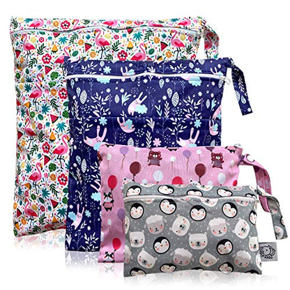 4pcs Waterproof Wet Bag Reusable for Wet Clothes Baby Diapers Stroller Swimsuit Travel Reusable toiletries Pouch Small and Larger Electronics case 4 Pack (Windy Days) - color: Windy Days