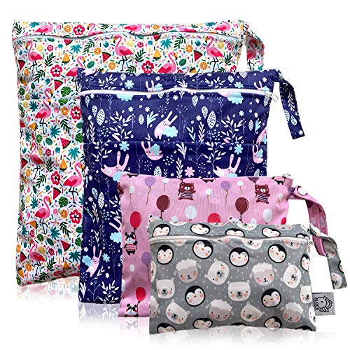 4pcs Waterproof Wet Bag Reusable for Wet Clothes Baby Diapers Stroller Swimsuit Travel Reusable toiletries Pouch Small and Larger Electronics case 4 Pack (Windy Days) - color: Windy Days