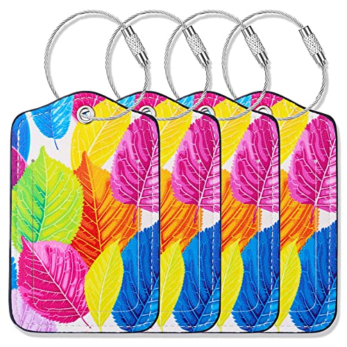 Luggage Tags for Suitcases-Leather Luggage Tag 4 Pack with Loops Cute Bag/Backpack/Suitcase Tags Travel Essentials for Flying (Colorful Leaft) - color: Colorful Leaft