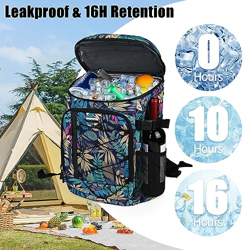 HXLGMD Backpack Coolers Insulated Leak Proof 30 Cans, Soft Sided Insulated Cooler Bags Ice Chest Backpack for Beach Travel Camping, with Reusable Ice Packs - color: Tropical Leaves