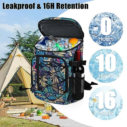 HXLGMD Backpack Coolers Insulated Leak Proof 30 Cans, Soft Sided Insulated Cooler Bags Ice Chest Backpack for Beach Travel Camping, with Reusable Ice Packs - color: Tropical Leaves