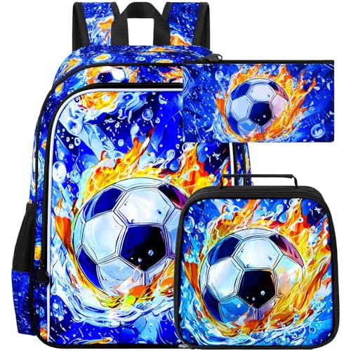HPJGD 3PCS Soccer Backpack for Boys, Water Resistant Kids Bookbag Set with Lunch Box, Cool School Bag for Elementary Preschool Toddler - Fire & Water Soccer - color: Cool Uv Printed Fire and Water Soccer Blue