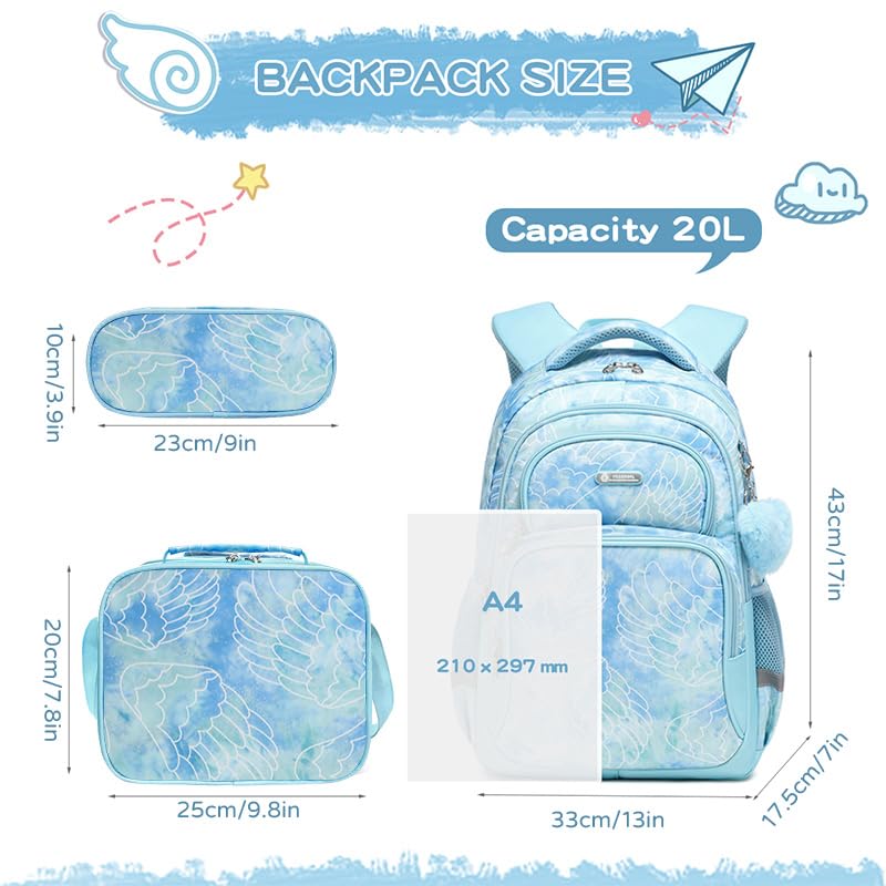Girls Kids Backpack with lunch box for School,7-12Age Strong 17in Bookbag | Blue Elementary lightweight Waterproof large 3pcs Backpack Set with chest buckle 6-pockets Nylon Daypack sturdy 2st grade+ - color: Green 3pcs