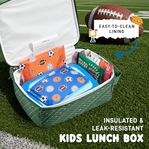 Fit & Fresh Customizable Charm Lunch Bag for Boys & Girls, Football Kids Lunch Box with 6 Sports Charms, Premium Insulated Reusable Lunch Tote for School - color: Green Football