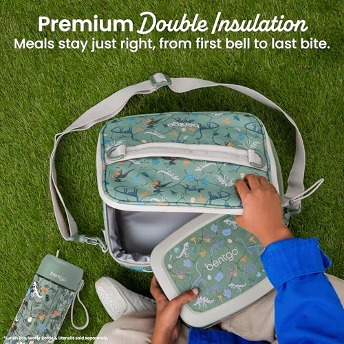 Bentgo Kids Lunch Bag - Durable, Double-Insulated Lunch Bag for Kids 3+; Holds Lunch Box, Water Bottle, & Snacks; Easy-Clean Water-Resistant Fabric & Multiple Zippered Pockets (Dino Fossils) - color: Dino Fossils