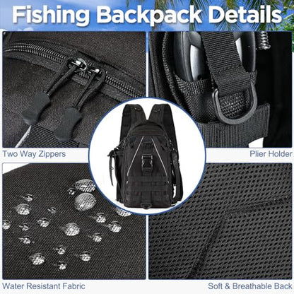 RoundFunny 85 Pcs Fishing Backpack with Tackle Boxes, Tackle Sling Bag with Rod Holder, Fish Lures and Pliers, Fish Tools Gears & Equipment Father's Day Fishing Gift for Dad Men - color: Black