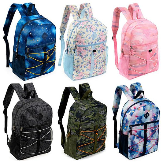 Moda West 24-Pack 17" Bungee Cord Backpacks for Kids - Bookbags in Bulk for Elementary, Middle, and High School Students, 6 Assorted Prints - size: 17", style: Bungee Print 6