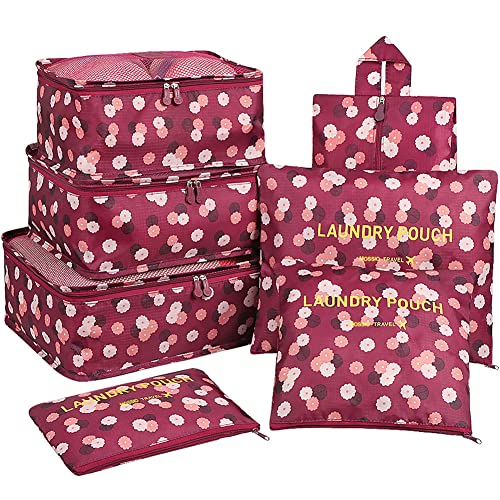 Mossio 7 Set Packing Cubes with Shoe Bag - Travel Carry On Luggage Organizer - color: Wine Flower