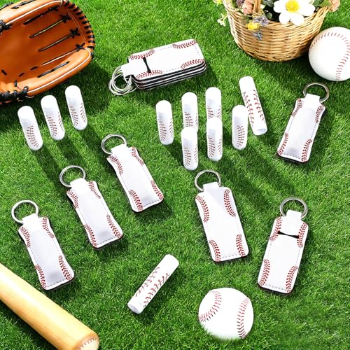24 Sets Baseball Party Favors Lip Balm and Lipstick Holder Keychain Bulk Sport Ball Team Gifts Natural Moisturizing Lip Balm Keychains Portable Pouch for Team Baseball Sports Party Supplies - style: Baseball