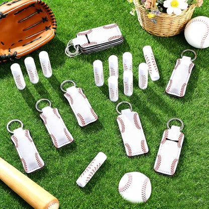 24 Sets Baseball Party Favors Lip Balm and Lipstick Holder Keychain Bulk Sport Ball Team Gifts Natural Moisturizing Lip Balm Keychains Portable Pouch for Team Baseball Sports Party Supplies - style: Baseball