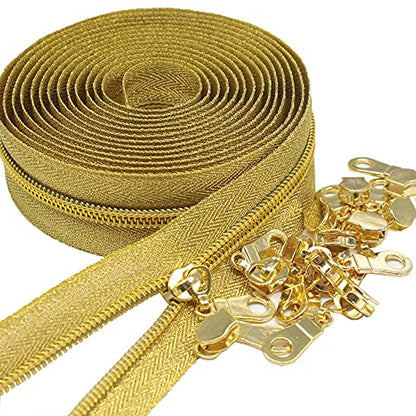 MebuZip #5 Gold Metallic Nylon Coil Zippers by The Yard Bulk Coil Zipper Roll 10 Yards with 25pcs Pulls for DIY Sewing Craft Bags (GoldTape) - color: GoldTape