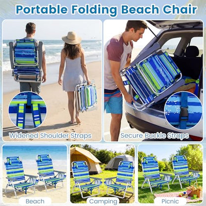 COSTWAY Portable Folding Backpack Beach Chairs Set of 2 with 5-Position Backrest, Padded Headrest, Cup Holder & Ice Bag for Lawn, Poolside (Blue Stripe) - color: Blue Stripe
