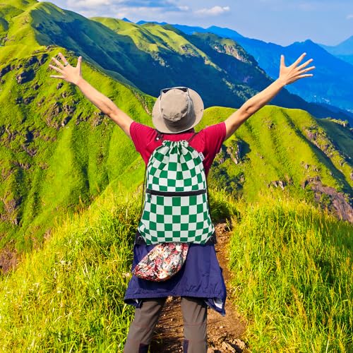 draw string back bag, Large Gym Sports string backpack for men and women with front zipper pocket(Greencheckered) - color: Greencheckered, style: Drawstring With Front Pocket