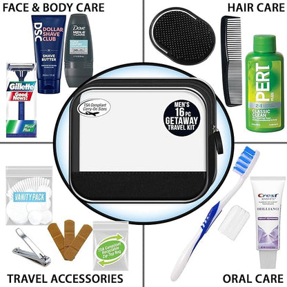 Convenience Kits International Men’s Super Deluxe, 16-Piece Kit with Travel Size TSA Compliant Essentials in Reusable Zippered Toiletry Bag (Pack of 2) - size: Large (Pack of 2)