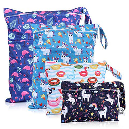 Waterproof and Reusable Wet Bag Diaper Stroller Water Resistant Swimsuit Travel Toiletries Yoga Gym Washable Carrier Small Medium Large Flamingo 4 Pack - color: Fantasy