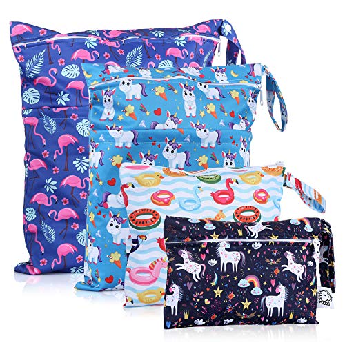 Waterproof and Reusable Wet Bag Diaper Stroller Water Resistant Swimsuit Travel Toiletries Yoga Gym Washable Carrier Small Medium Large Flamingo 4 Pack - color: Fantasy
